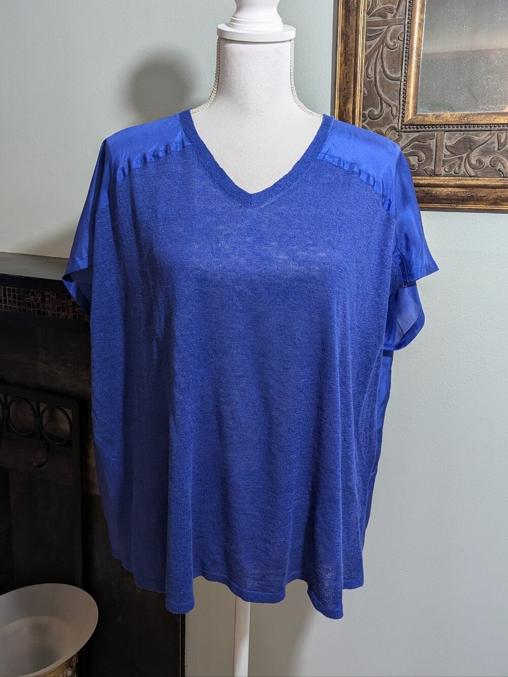 EILEEN FISHER Women's Small Silk Linen Knit & Woven Top Boxy Short Sleeve Blue